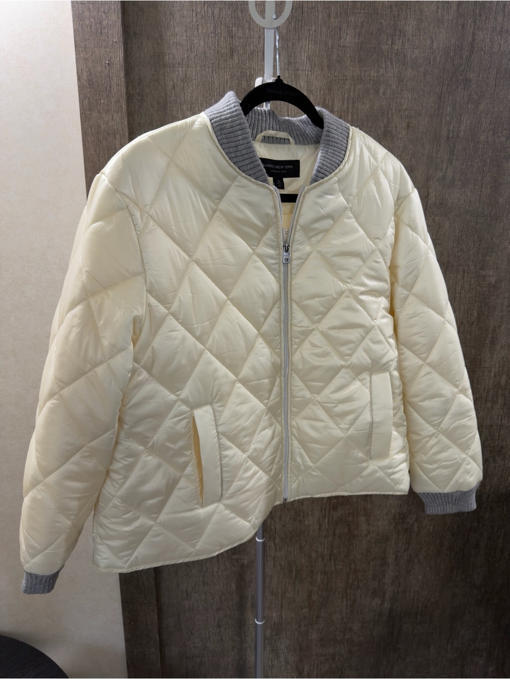 Marc New York Quilted Bomber Jacket in Cream with Gray Trim